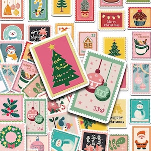 May include: A selection of Christmas-themed stickers with diverse designs. The stickers showcase festive imagery such as Christmas trees, baubles, snowmen, and holiday messages. Colours include pink, green, red, and white.