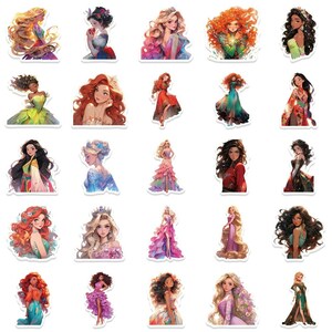 May include: A set of 20 colorful stickers featuring various princesses in different poses and outfits. The stickers are perfect for adding a touch of whimsy to journals, laptops, water bottles, and more.