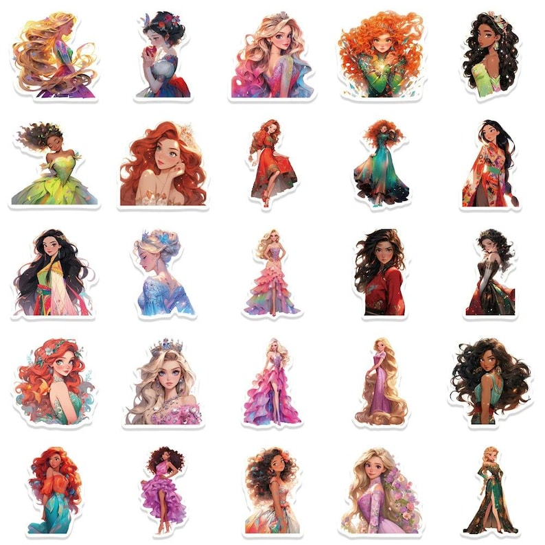 May include: A set of 20 colorful stickers featuring various princesses in different poses and outfits. The stickers are perfect for adding a touch of whimsy to journals, laptops, water bottles, and more.