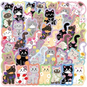 Könnte beinhalten: Eine Sammlung bunter Katzenaufkleber in verschiedenen Posen, jede mit einem einzigartigen Design. Die Aufkleber zeigen Katzen in Schwarz, Weiß, Grau und Beige, verziert mit Blumen und vor pastellfarbenen Hintergründen. Ideal zum Dekorieren.