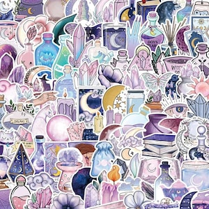 Set di adesivi a tema stregoneria da 10/30/50/100 pezzi – Adesivi con luna magica, cristalli e gatto nero per diari, album e artigianato