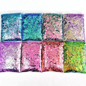 50 g de purpurina camaleón hexagonal mixta/purpurina holográfica de sirena gruesa para resina, slime, decoración de uñas, manualidades, proyectos y adornos