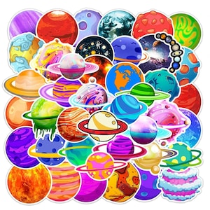 Paquete de 10, 30 y 50 pegatinas de planetas, pegatinas coloridas con temática espacial y galáctica, pegatinas vibrantes del sistema solar para diarios, portátiles y manualidades