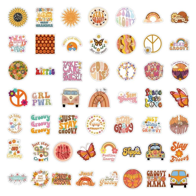 10/30/50PCS Retro Groovy Sticker Set | 70s Aesthetic | Vintage Hippie ...