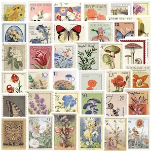 50 adesivi con francobolli botanici vintage - Adesivi con francobolli floreali effimeri per laptop, album, diari, quaderni, decorazioni e planner