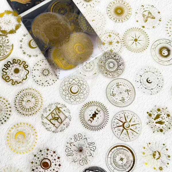 50 PCS Gold Celestial PET Sticker Pack, Moon Sun Aesthetic Stickers, Astrology & Magic Circle Designs, Transparent Decorative Sticker Set