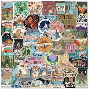 Pacote com 50 adesivos de aventura na natureza | Caminhadas, acampamentos, floresta, vida selvagem, viagens, scrapbook | Decorações para diários de arte, planners e artesanato DIY