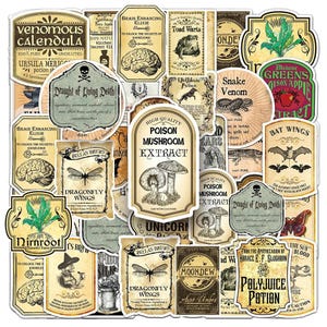 Pacote de adesivos de rótulos de poções de boticário vintage de 10/30/50 peças – adesivos de bruxaria e alquímicos para diários, artesanatos, decoração de garrafas de Halloween