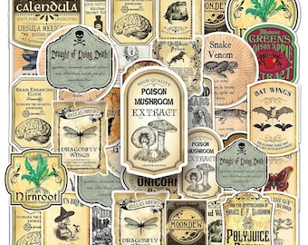 50pcs Vintage Apothecary Potion Labels Sticker Pack – Witchy & Alchemical Stickers for Journals, Crafts, Halloween Bottle Decoration