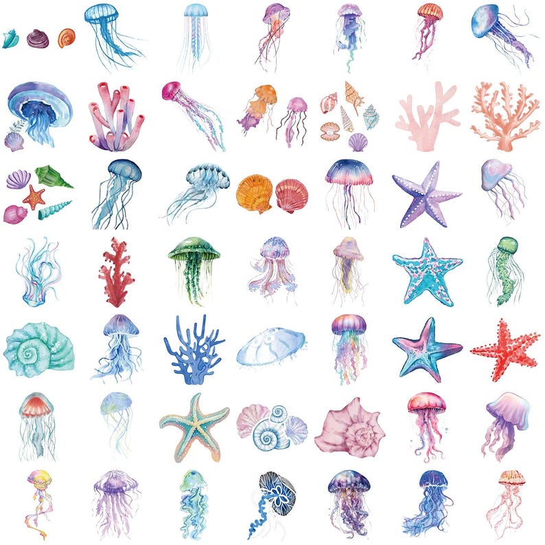 50PCS Watercolor PET Ocean Theme Stickers | Jellyfish, Seashell, Coral ...