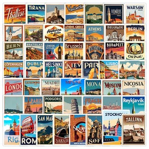 50 Stück Europäische Stadt Reise Poster Aufkleber - Retro Stadt Postkarte Sticker Pack für Scrapbook, Journals, Planer, Crafts & Gepäckdekoration