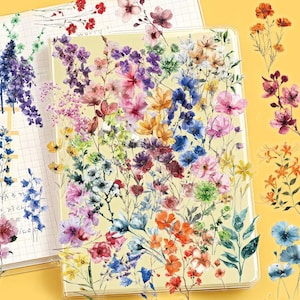 Pacote com 50 adesivos florais em aquarela – Adesivos coloridos de flores silvestres e botânicos para diário, scrapbooking, planejadores e projetos de artesanato