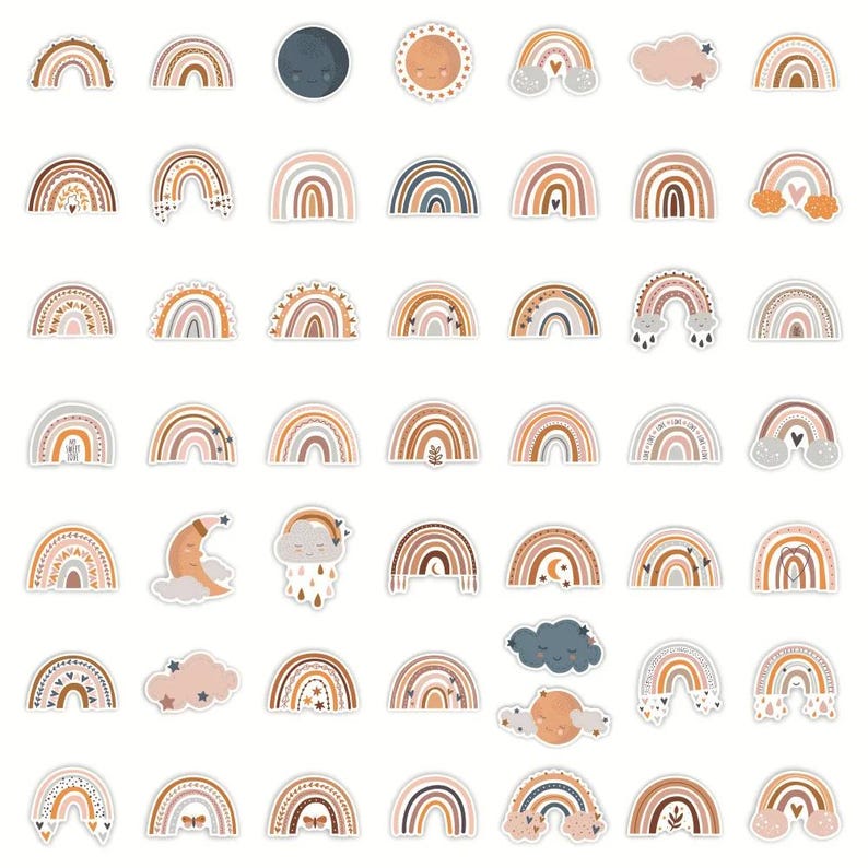 10/30/50PCS Boho Rainbow Sticker Pack – Neutral Pastel Rainbows, Clouds ...