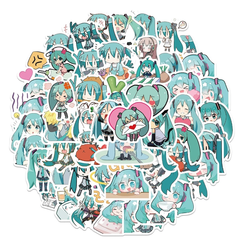 May include: A set of 50 colourful stickers featuring cartoon characters with green hair and blue eyes. The stickers are perfect for decorating laptops, water bottles, notebooks, and more.