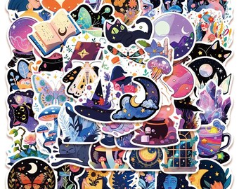 10/30/50pcs Whimsical Celestial and Witchy Sticker Set – Mystical Moon, Crystals, Cats, and Magic-Themed Stickers for Journals and Laptops