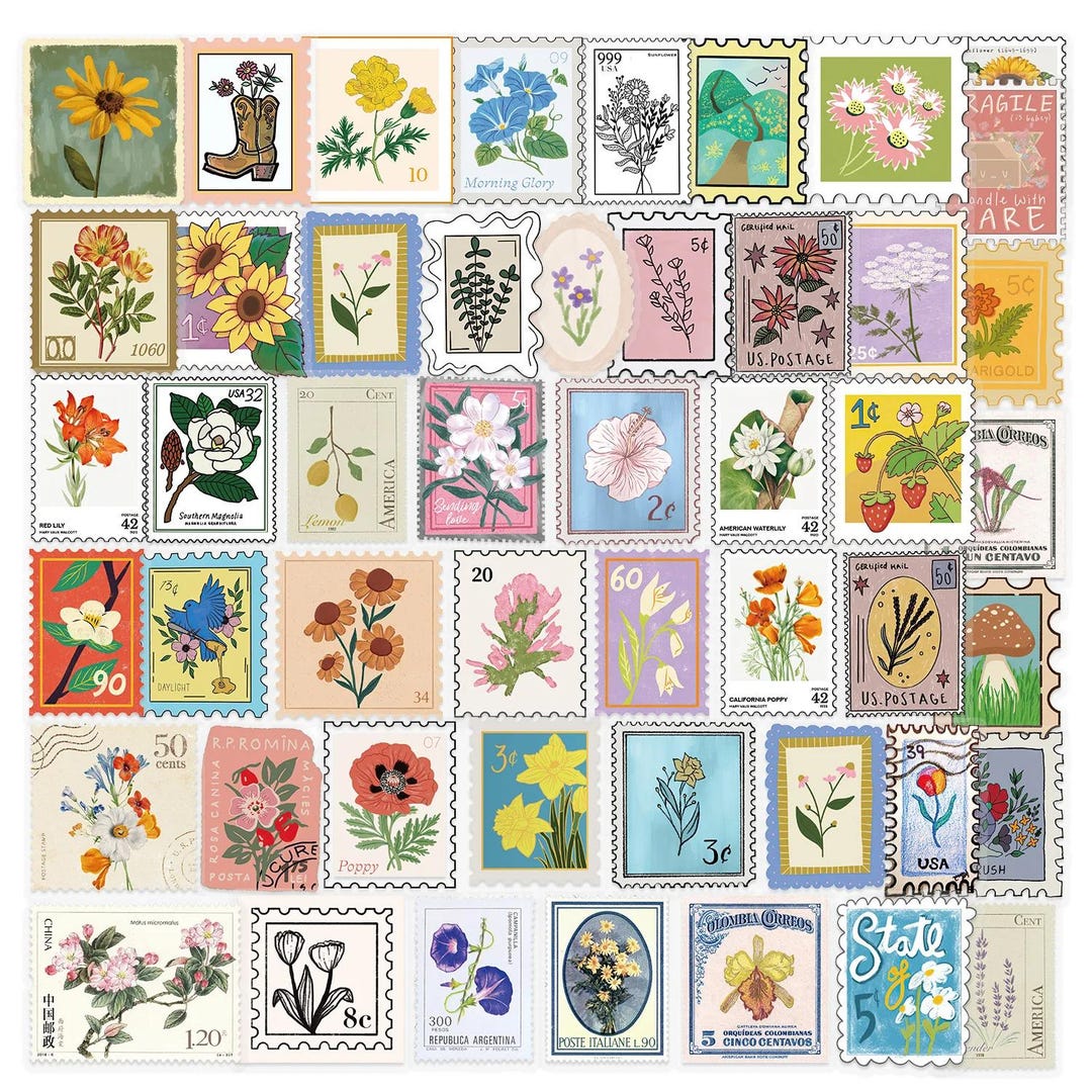 50pcs PET Floral Postage Stamp Stickers – Postage Stamp Stickers for ...