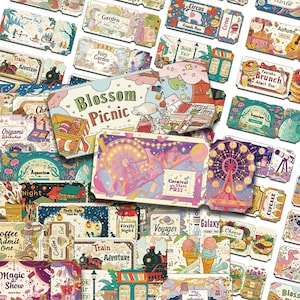 May include: A collection of rectangular paper tickets featuring colorful illustrations and text including Blossom Picnic, Carnival Stars Pass, Train Adventure, Fairy Garden, Circus Friends Pass, Pancake Brunch, and Aquarium.