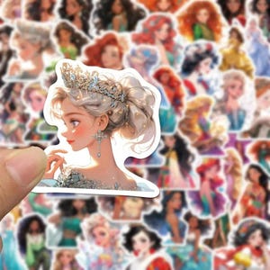 May include: A sheet of colorful princess stickers featuring various Disney princesses with intricate details and vibrant colors. The stickers are perfect for decorating journals, laptops, water bottles, and more.
