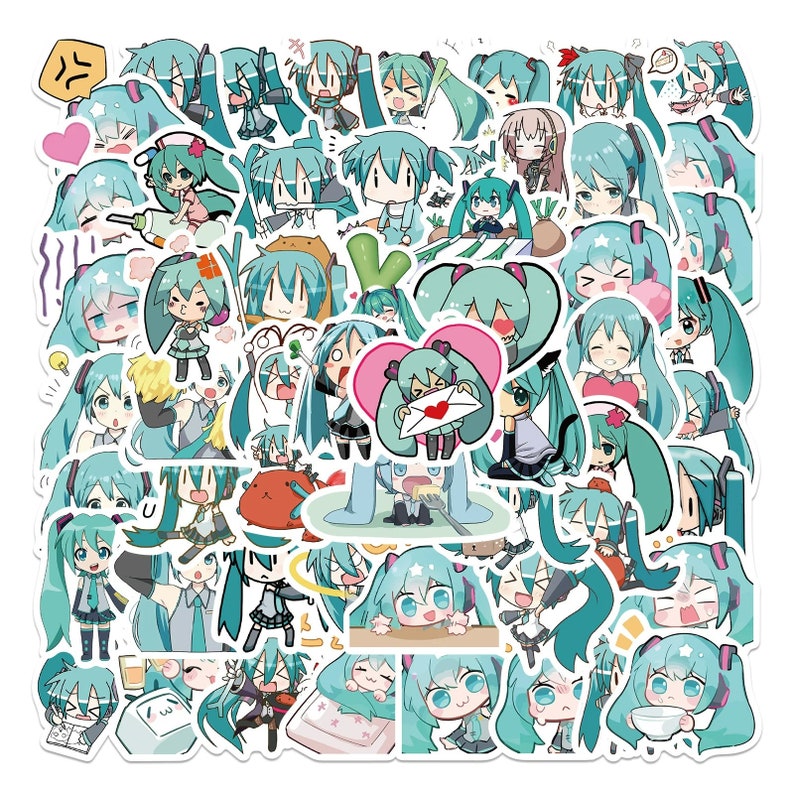May include: A sheet of colourful stickers featuring anime-style characters with long, flowing hair. The stickers are mostly in shades of blue, green, and pink, with some black and white accents. The characters are all smiling and have large eyes. The stickers are perfect for decorating laptops, water bottles, or journals.