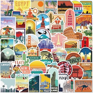 Pakket reisstickers van 50 stuks: retro stadsstickers van Europa, Azië en Amerika | Esthetische reisbestemmingen voor plakboek, dagboek