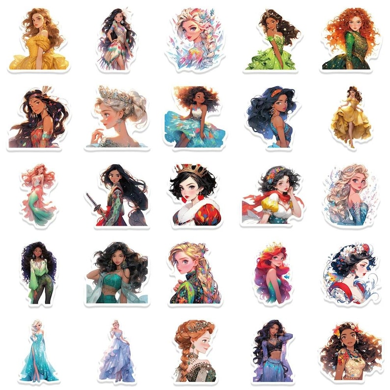 May include: A set of 20 colorful stickers featuring various Disney princess characters. The stickers are printed on a white background and feature a variety of poses and expressions.