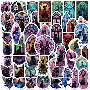 10/30/50 PCS Stickers vitrail chat noir | Sticker esthétique gothique enchanteur pour cahier, scrapbooking et journal | Cadeau pour les amoureux des chats