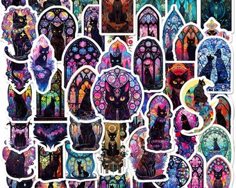 10/30/50PCS Stained Glass Black Cat Stickers | Enchanting Gothic Aesthetic Decal for Notebook, Scrapbook, and Journal | Gift for Cat Lovers