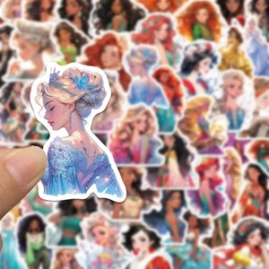 May include: A sheet of colorful stickers featuring various Disney princesses. The stickers are printed on white paper and have a glossy finish. The princesses are depicted in various poses and outfits, including Cinderella, Snow White, Ariel, and Belle.