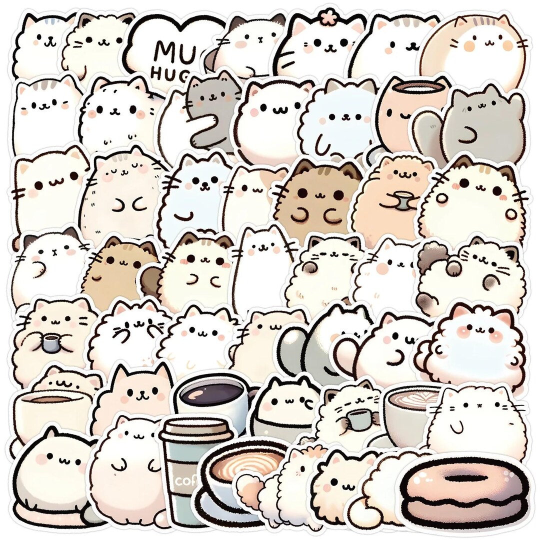 50 PCS Cute Fluffy Cat Sticker Pack | Cozy Coffee Cat Stickers | Kawaii ...