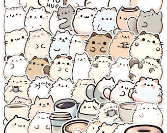 Stickerpakket schattige pluizige kat van 50 stuks | Gezellige koffie kattenstickers | Kawaii Chubby Cat-stickers voor dagboek, plakboek, planner, laptopdecor