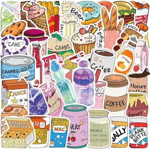 50 PCS Cute Food Sticker Pack – Aesthetic Snack, Drink & Grocery Stickers for Journal, Scrapbook, Planners, Laptop, and DIY Craft Projects
