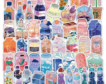 May include: A collection of colorful stickers featuring various drinks and food items, including cans, bottles, jars, and boxes. The stickers have a cartoonish style and feature designs such as fruit, flowers, and waves. The text on the stickers includes "딸기맛", "바나나맛", "PERONA", "YONE", "チェリー", "ぼろよい", "STAY", and "EACH".