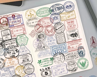 PETパスポートスタンプステッカー60枚 | ジャーナル、スクラップブック、旅行をテーマにしたクラフト、ジャーナル、ノートブックデコレーションプランナー用のトラベルステッカー