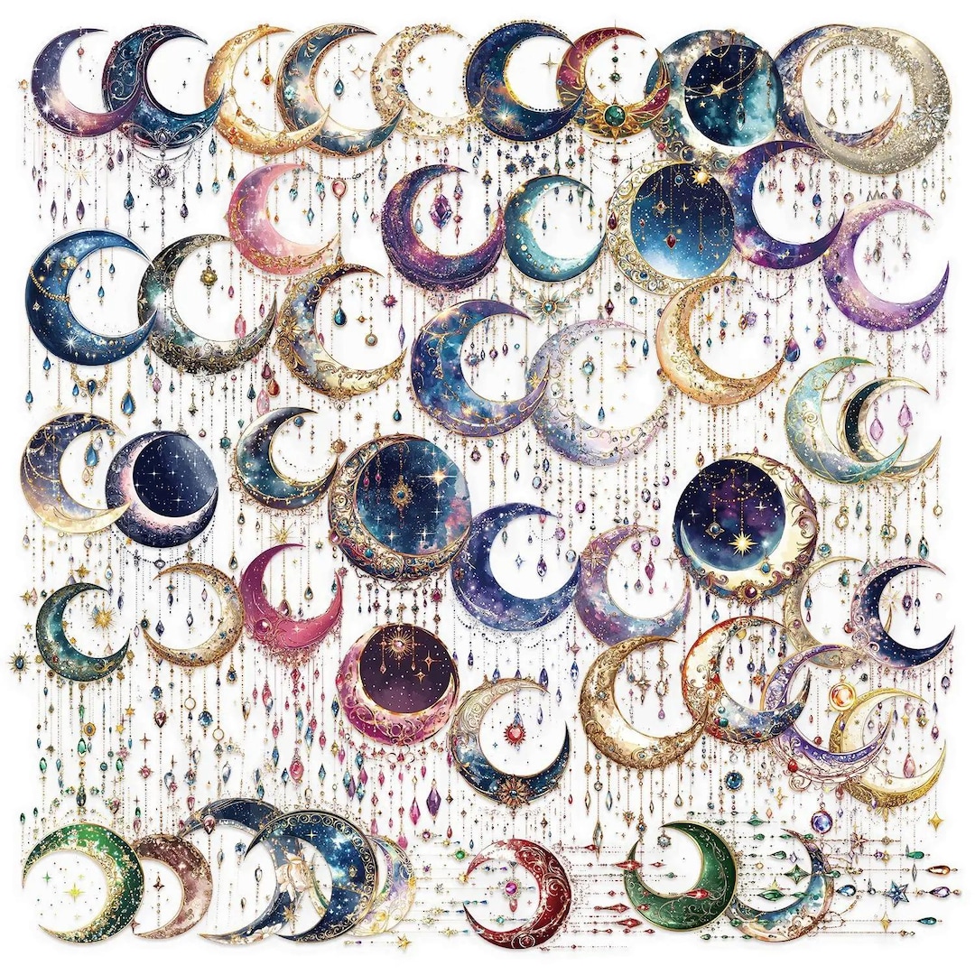 50PCS Crescent Moon PET Sticker Pack – Boho Celestial Decals With Stars ...