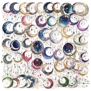 Puede incluir: Una colección de diseños de media luna en acuarela en varios colores, incluyendo azul, dorado, morado y rosa. Cada luna está decorada con estrellas, gemas y patrones intrincados, con detalles de cristal colgantes. El tema celestial es prominente.