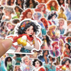 May include: A sticker sheet featuring various Disney princesses, including Snow White, Cinderella, and Ariel. The stickers are colorful and feature detailed illustrations of the princesses in their iconic dresses.