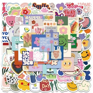Paquete de 90 pegatinas motivacionales con frases positivas, caritas sonrientes y flores para diarios, agendas, manualidades y adornos.