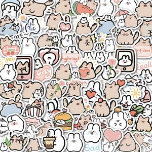 60 Stück entzückende Cartoon Katzen und Hasen Aufkleber Set - niedliche Tier Vinyl Aufkleber für Journal, Planer und Laptop | Niedliches Aufkleber Geschenk für Kinder