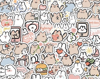 60PCS Adorable Cartoon Cat and Bunny Sticker Set - Cute Animal Vinyl Stickers for Journal, Planner, and Laptop | Cute Sticker Gift for Kids