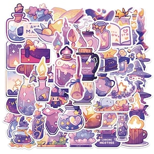 10/30/50 stks schattige heksendrankstickers | Paarse pastel magische fles en spreukenboekstickerset | Heksenesthetiek voor plakboekdagboek