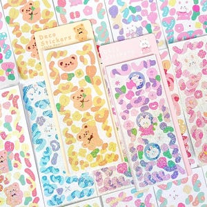 12 hojas de pegatinas de oso arcoíris kawaii: pegatinas con purpurina para diarios, álbumes de recortes, manualidades, planificadores y papelería. Ideales para niños.