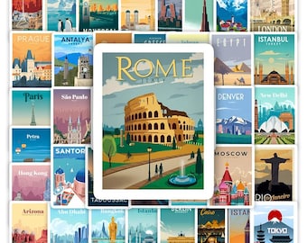 May include: A collection of travel-themed art prints featuring iconic landmarks from around the world. The prints showcase destinations like Rome, Paris, and Tokyo, with vibrant illustrations and city names. The prints are rectangular and vary in size.