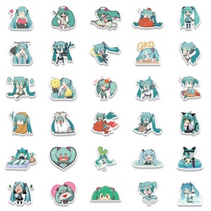 May include: A set of 30 colourful stickers featuring a cartoon character with long turquoise hair and a variety of expressions. The stickers are printed on white paper with a glossy finish.