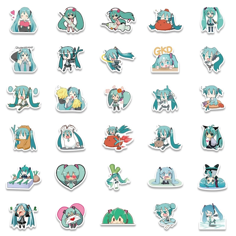 May include: A set of 30 colourful stickers featuring a cartoon character with long turquoise hair and a variety of expressions. The stickers are printed on white paper with a glossy finish.