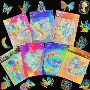 100 PCS Pegatinas holográficas láser / Mariposas holográficas, flores, cuerpos celestes, animales, cintas y pegatinas de criaturas marinas