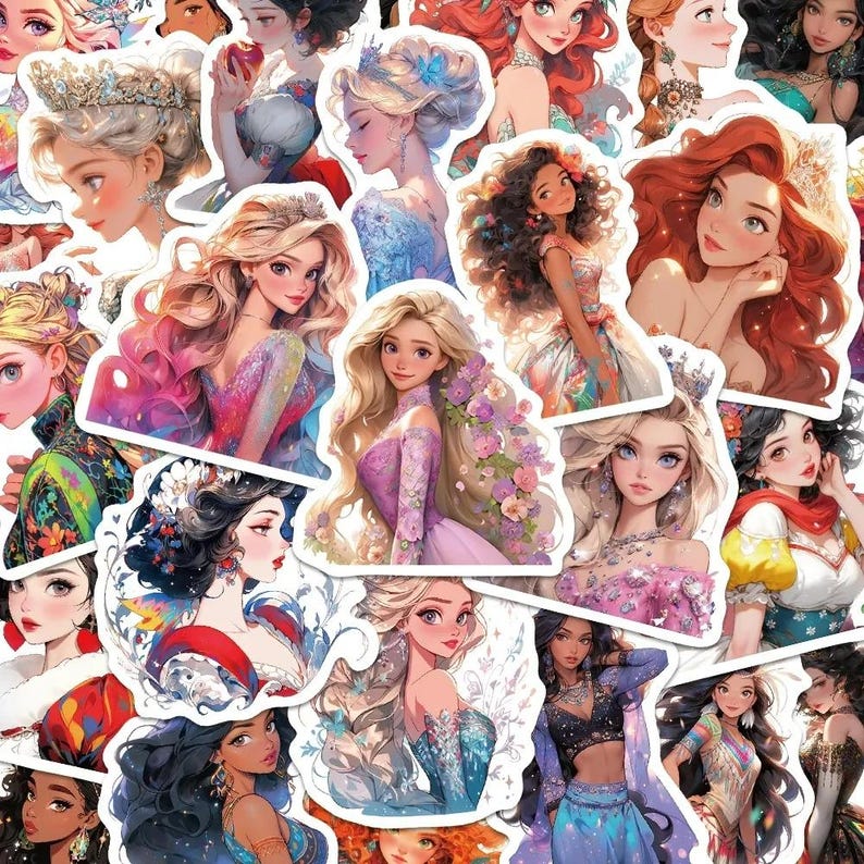 May include: A collection of colorful princess stickers featuring various characters with long flowing hair and intricate details. The stickers are perfect for adding a touch of whimsy to journals, laptops, or any other surface.