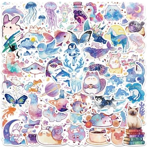 May include: A collection of colorful stickers featuring various whimsical designs. The stickers include animals like cats, bunnies, and dolphins, along with celestial elements such as planets and stars. The color palette is soft, with pastel blues, purples, and pinks.