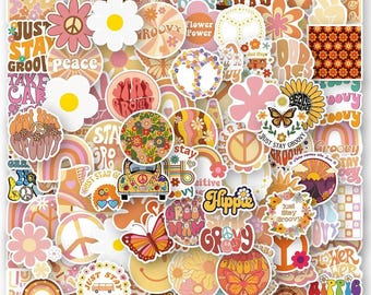 May include: A set of 50 colorful, retro-style stickers featuring groovy, peace, hippie, and flower power themes. The stickers are perfect for adding a touch of 70s style to laptops, water bottles, journals, and more.