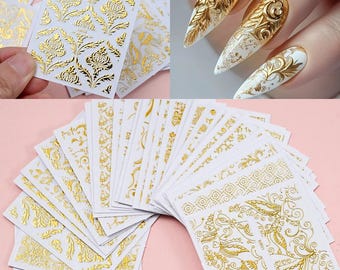 30 Sheets 3D Gold, Rose Gold, Silver, Black, and White Nail Art Sticker: Luxury Floral Baroque and Floral Design for Party Nails and Wedding