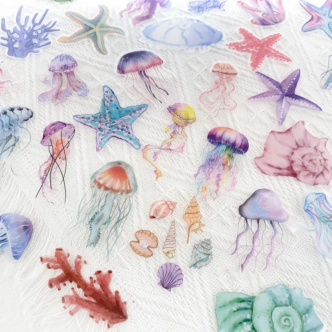 50PCS Watercolor PET Ocean Theme Stickers | Jellyfish, Seashell, Coral ...